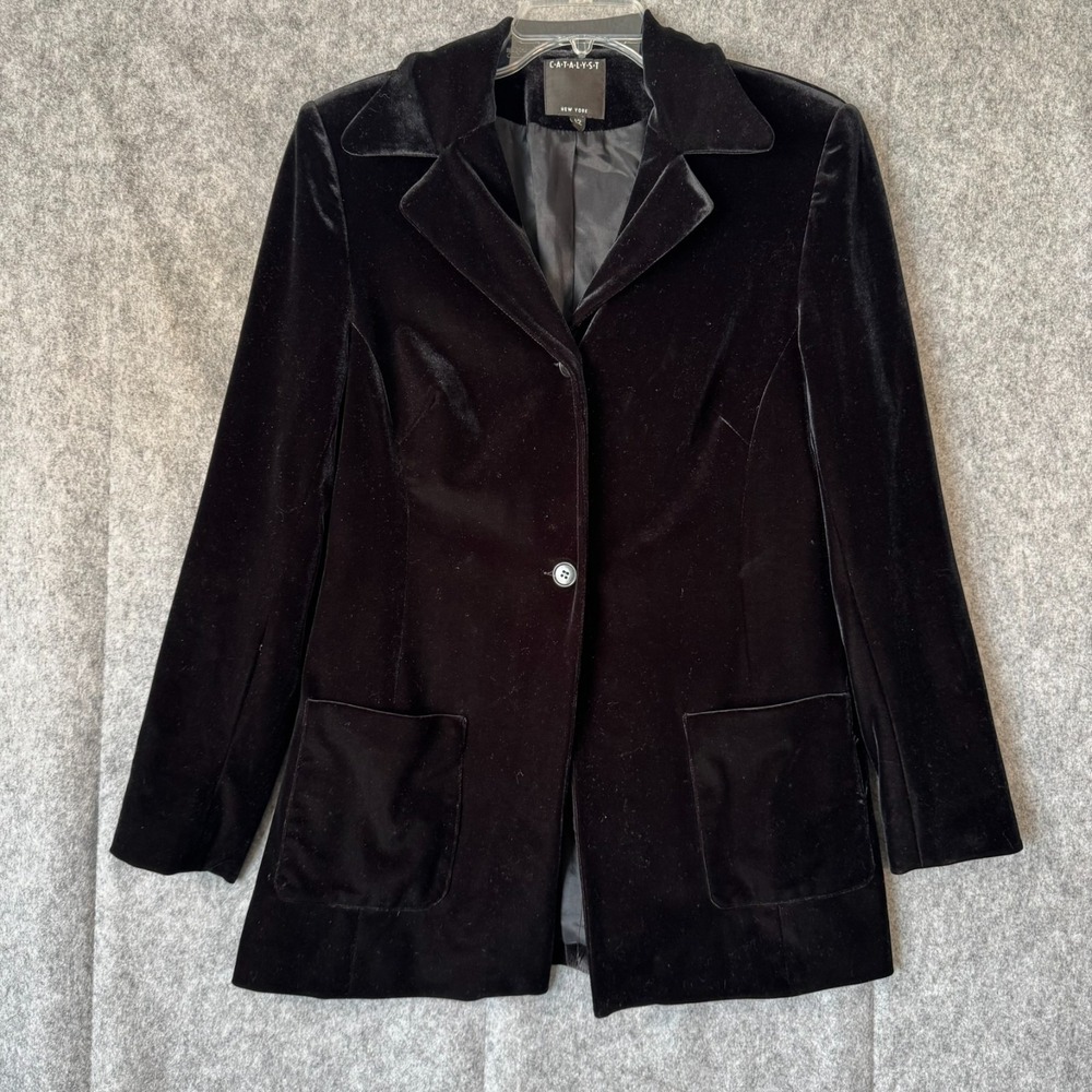 Vtg Velvet Blazer Womens 12 Black Dark Academia Goth Minimalist USA Old Money